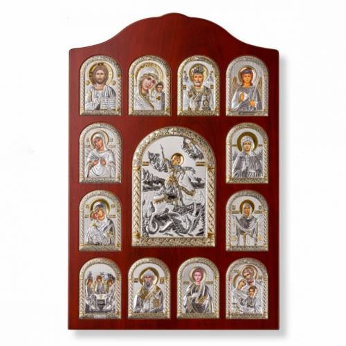 St. George Rectangular Icon. Painted face. Brown base. Silver 999. Gold.