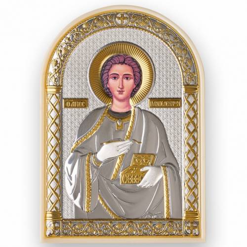Panteleimon Arch Icon. Painted face. White base. Silver 999. Gold.