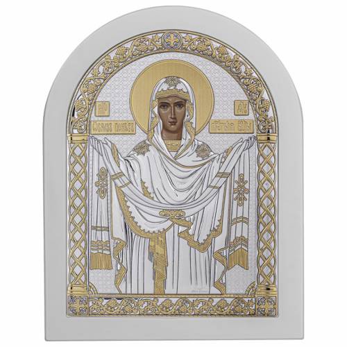 Vergine Maria Pokrova Icona ad arco. Faccia dipinta. Base bianca. Argento 999. Oro.