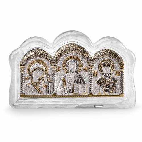 Trittico Icona rettangolare in vetro di Murano. Volto dipinto. Argento 999. Oro.