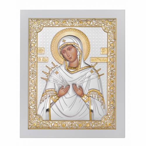 VM 7 Swords Rectangular Icon. Painted face. White base. Silver 999. Gold.