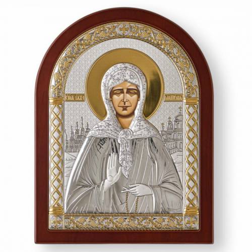 Santa Matrona Icona ad arco. Faccia dipinta. Base marrone. Argento 999. Oro.