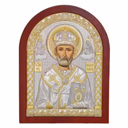 St. Nikolas Arch Icon. Painted face. Brown base. Silver 999. Gold.