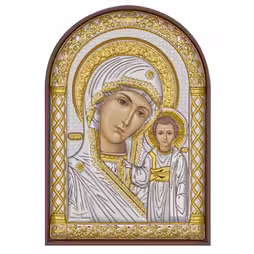 VM Kazan Arch Icon. Painted face. Brown base. Silver 999. Gold.