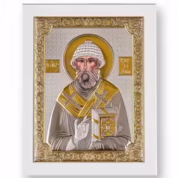 St. Spyridon Rectangular Icon. Painted face. White base. Silver 999. Gold.