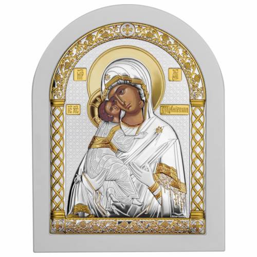 Virgin Mary Vladimir Arch Icon. Painted face. White base. Silver 999. Gold.