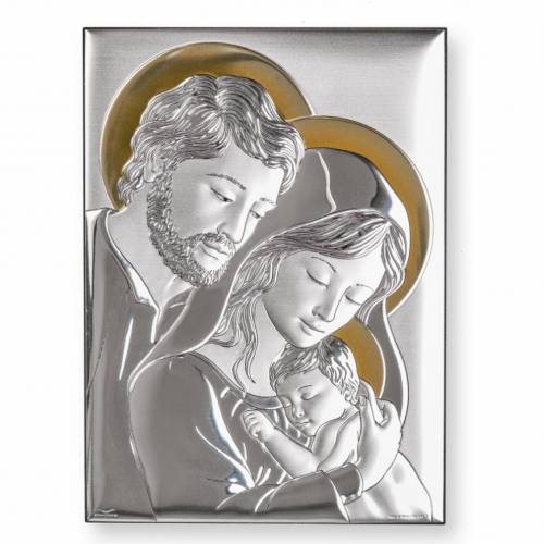 Holy Family Rectangular Catholic icon. Painted face. Brown base. Silver 999. Gold