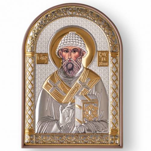 San Spiridione Icona ad arco. Faccia dipinta. Base marrone. Argento 999. Oro.