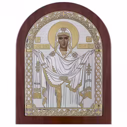 Vergine Maria Pokrova Icona ad arco. Faccia dipinta. Base marrone. Argento 999. Oro.