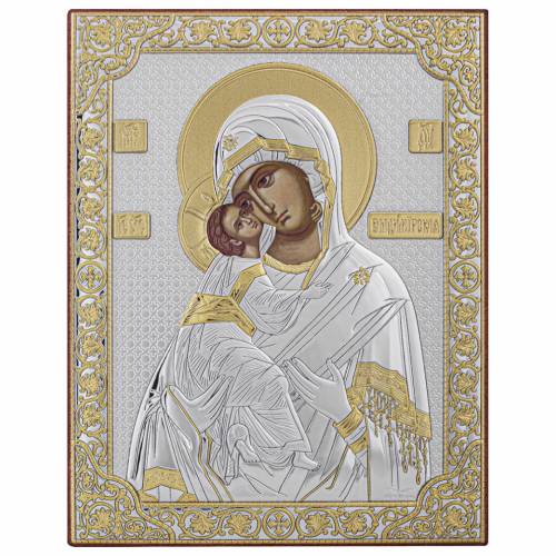 Virgin Mary Vladimir Rectangular Icon. Painted face. No frame. Silver 999. Gold.