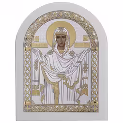 Vergine Maria Pokrova Icona ad arco. Faccia dipinta. Base bianca. Argento 999. Oro.
