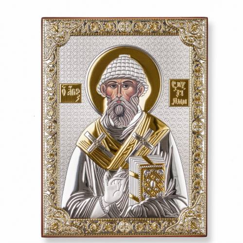 St. Spyridon Rectangular Icon. Painted face. No frame. Silver 999. Gold.