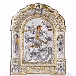 St. George Arch Icon with a frame under glass. Painted face. Silver 999. Gold.