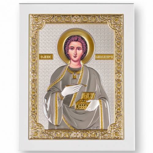 Panteleimon Icona rettangolare. Quadrante dipinto. Base bianca. Argento 999. Oro.