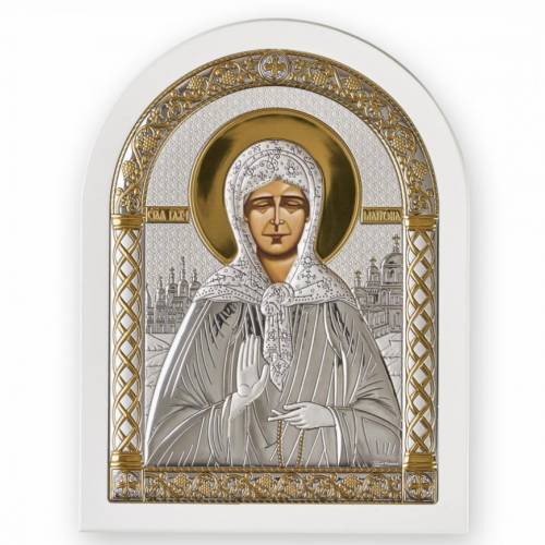 Santa Matrona Icona ad arco. Faccia dipinta. Base bianca. Argento 999. Oro.