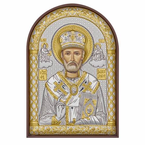 St. Nikolas Arch Icon. Painted face. Brown base. Silver 999. Gold.