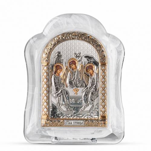 Trinità Icona ad arco in vetro di Murano. Quadrante dipinto. Argento 999. Oro.