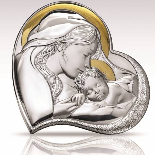 Icona Sacra Madonna con Bambino Cuore Argento Bilaminato Decorato Oro - 24x24 cm