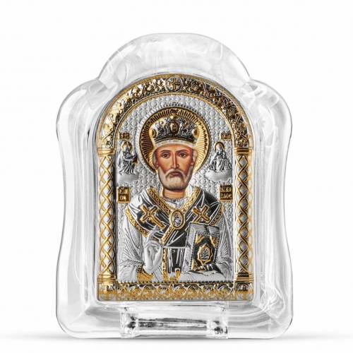 San Nicola Icona ad arco in vetro di Murano. Quadrante dipinto. Argento 999. Oro.