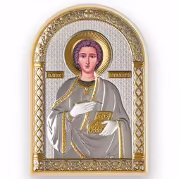 Panteleimon Arch Icon. Painted face. White base. Silver 999. Gold.