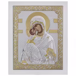 Vergine Maria Vladimir Icona rettangolare. Quadrante dipinto. Base bianca. Argento 999. Oro.