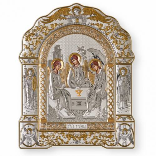 Trinità Icona ad arco con cornice sotto vetro. Volto dipinto. Argento 999. Oro.