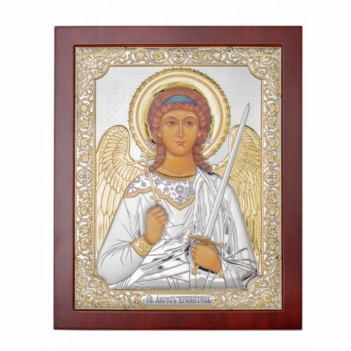 St. Angel Rectangular Icon. Painted face. Brown base. Silver 999. Gold.