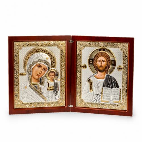 Diptych folding icon Rectangular Icon. Painted face. Brown base. Silver 999. Gold.