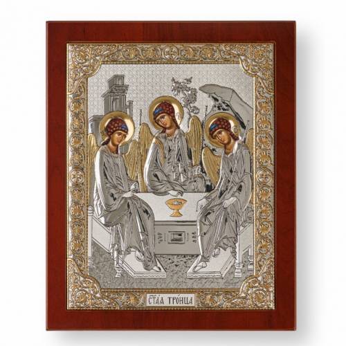 Trinity Rectangular Icon. Painted face. Brown base. Silver 999. Gold.