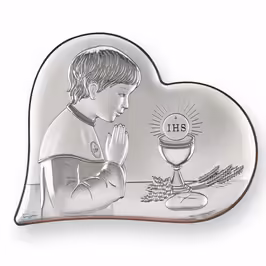 Ragazzo della prima comunione Icona cattolica a forma di cuore. Volto dipinto. Argento 999