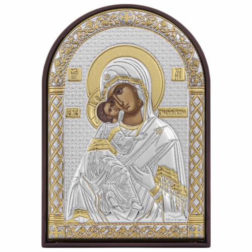 Vergine Maria Vladimir Icona ad arco. Faccia dipinta. Base marrone. Argento 999. Oro.