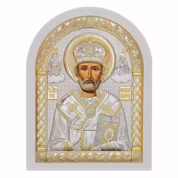 St. Nikolas Arch Icon. Painted face. White base. Silver 999. Gold.