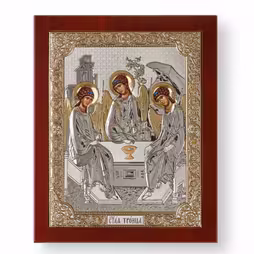 Trinity Rectangular Icon. Painted face. Brown base. Silver 999. Gold.