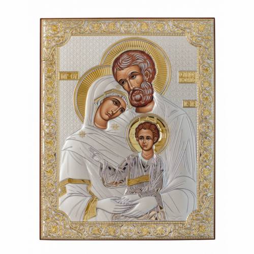 Sacra Famiglia Icona rettangolare. Volto dipinto. Senza cornice. Argento 999. Oro.