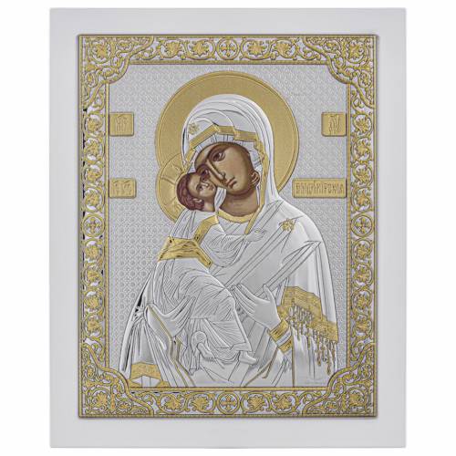 Vergine Maria Vladimir Icona rettangolare. Quadrante dipinto. Base bianca. Argento 999. Oro.