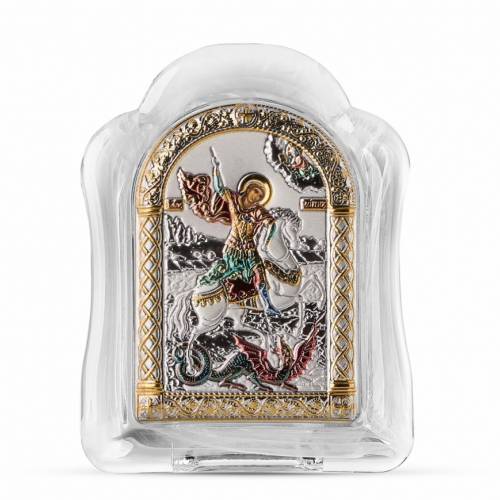 St. George Arch Icon Murano glass. Painted face. Silver 999. Gold. Coloured.
