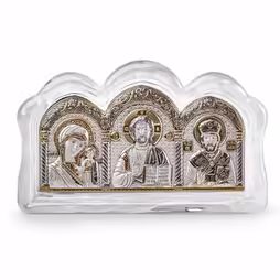 Trittico Icona rettangolare in vetro di Murano. Volto dipinto. Argento 999. Oro.