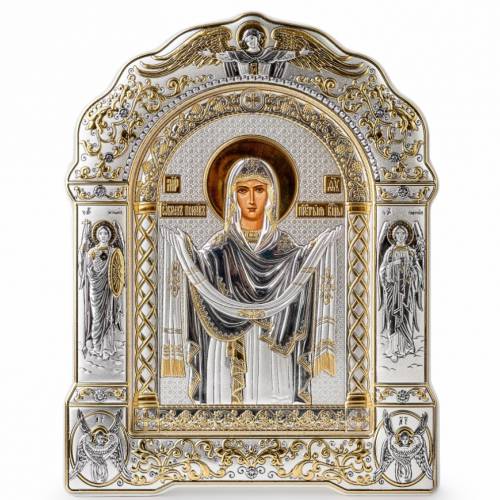Virgin Mary Pokrova Arch Icon with a frame. Painted face. Silver 999. Gold.