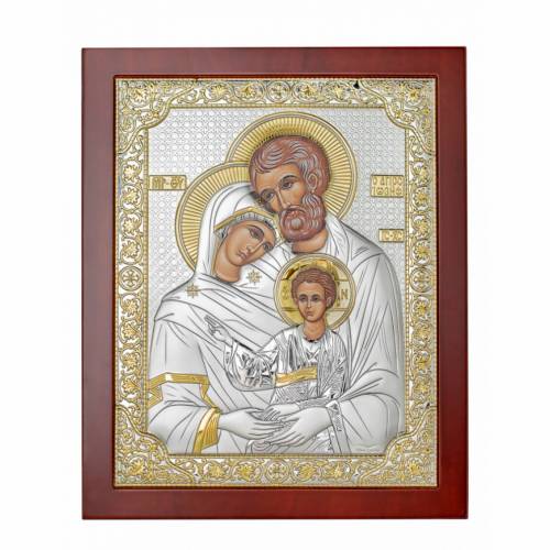 Holy Family Rectangular Icon. Painted face. Brown base. Silver 999. Gold.