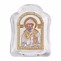 San Spiridione Icona ad arco in vetro di Murano. Quadrante dipinto. Argento 999. Oro.