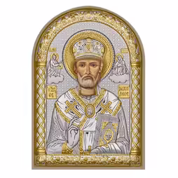 St. Nikolas Arch Icon. Painted face. White base. Silver 999. Gold.