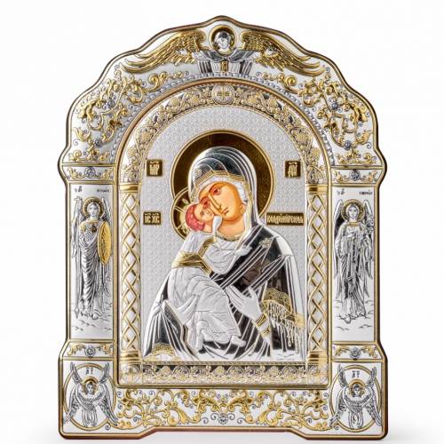 Vergine Maria Vladimir Icona ad arco con cornice sotto vetro. Volto dipinto. Argento 999. Oro.