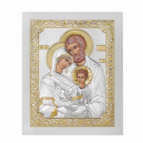 Holy Family Rectangular Icon. Painted face. White base. Silver 999. Gold.