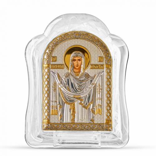 Virgin Mary Pokrova Arch Icon Murano glass. Painted face. Silver 999. Gold.