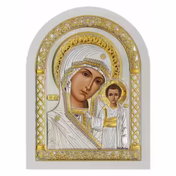 VM Kazan Arch Icon. Painted face. White base. Silver 999. Gold.