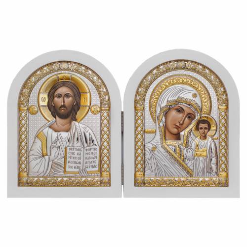 Piegatura di due lembi Icona ad arco. Faccia dipinta. Base bianca. Argento 999. Oro.
