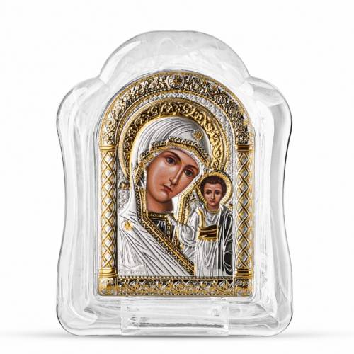 VM Kazan Icona ad arco in vetro di Murano. Quadrante dipinto. Argento 999. Oro.