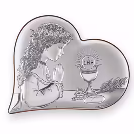 Ragazza della prima comunione Icona cattolica a forma di cuore. Volto dipinto. Argento 999.