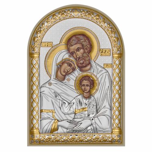 Sacra Famiglia Icona ad arco. Faccia dipinta. Base bianca. Argento 999. Oro.