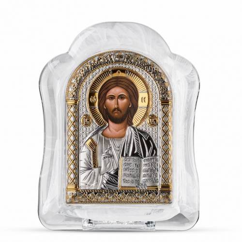 Cristo Icona ad arco in vetro di Murano. Quadrante dipinto. Argento 999. Oro.